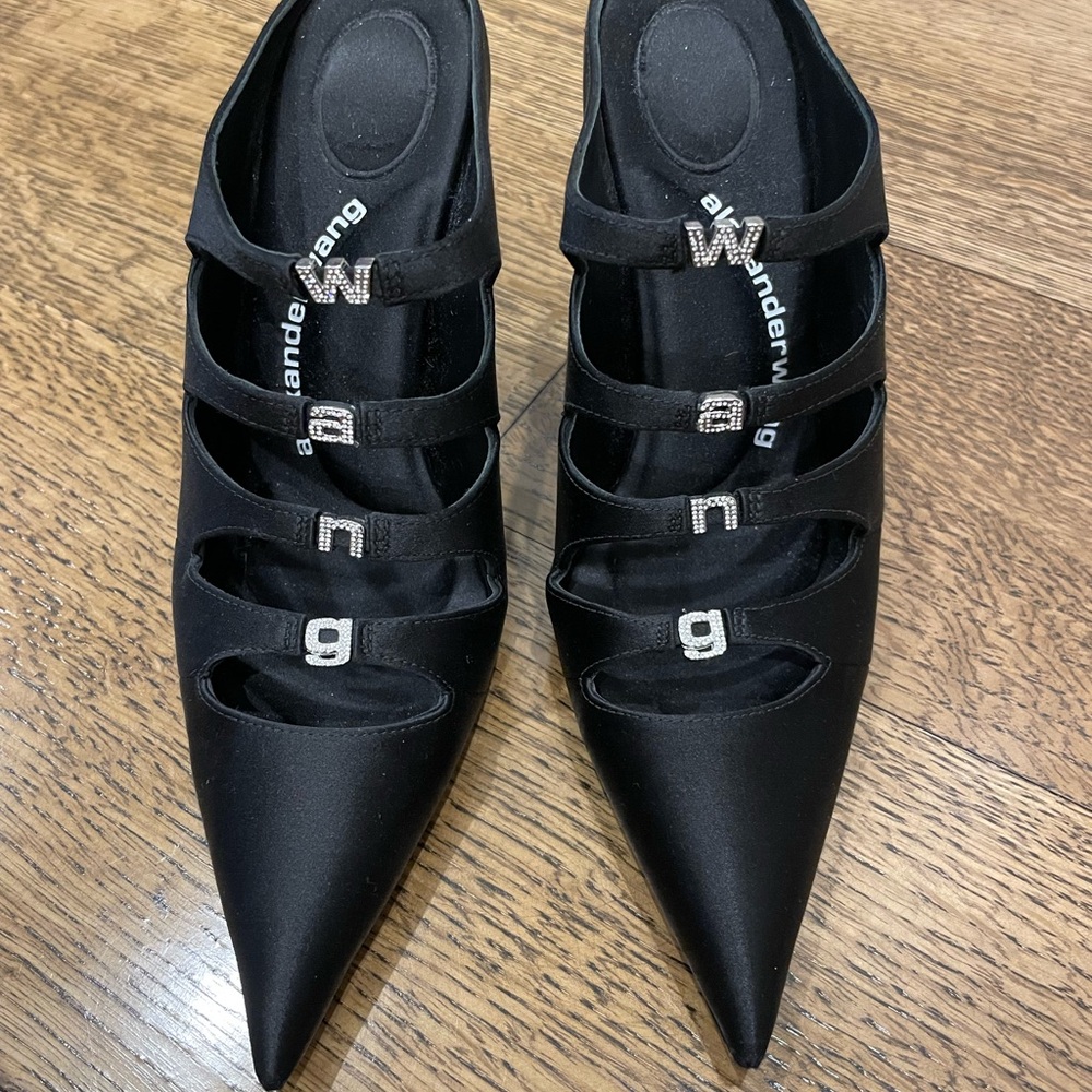 Alexander Wang Black Satin Heels with Rhinestone Accents